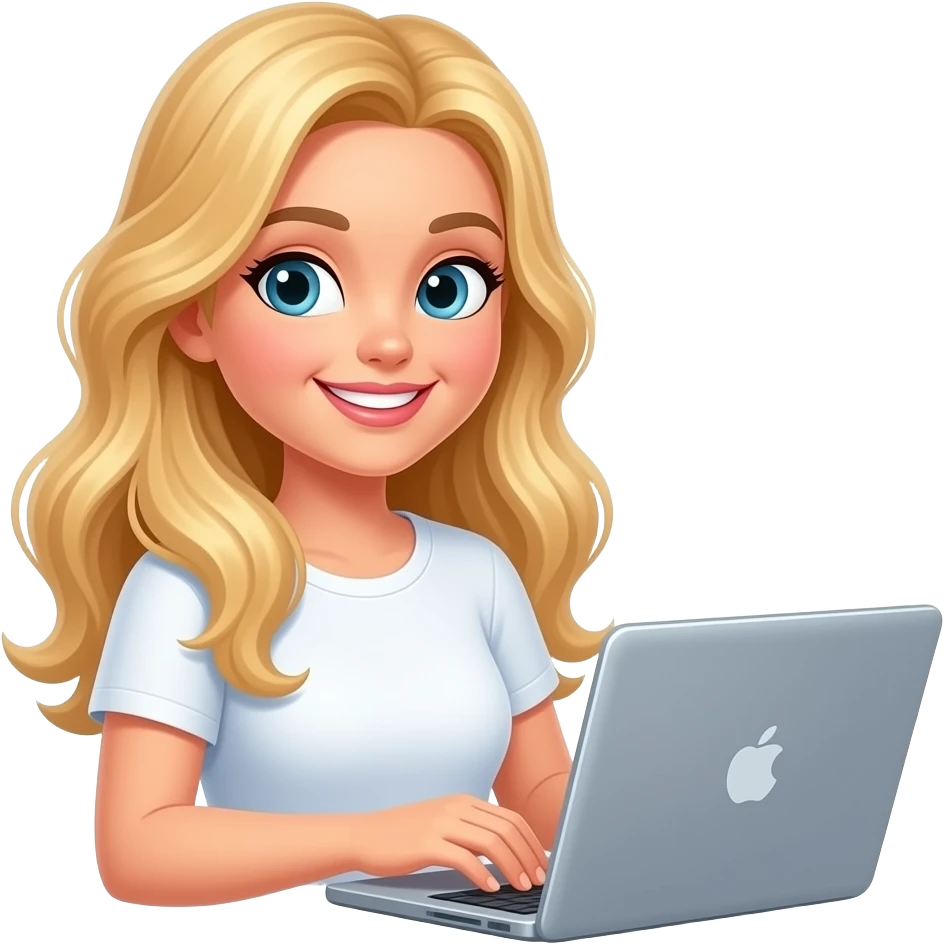 strawberry blonde fair skinned long hair woman smiling with laptop emoji