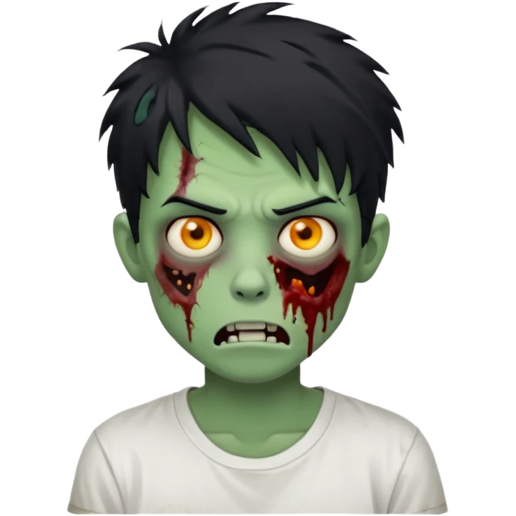 Rosto de frente classico de zombie boca meio torta cabelos medios grandes pretos bagunçados low fade com pele verde clara camiseta branca sem nenhum sangue no rosto e com cabelo bem adolescente e bagunçado emoji