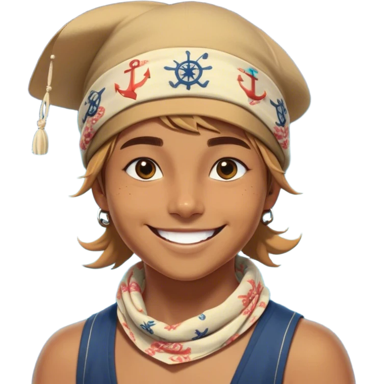Clash of Clans aesthetic Playful Pirate Portrait Emoji, Head tilted with a roguish, cheeky grin and twinkling eyes, featuring a compact, spirited build with a jaunty hat and a quirky bandana, his natural skin tone evident, Simplified yet irresistibly charming features, highly detailed, glowing with a warm, inviting oceanic glow, high shine, spirited and lively, stylized with an air of whimsical maritime mischief, soft glowing outline, capturing the essence of a playful pirate exuding friendly rogue charm! emoji
