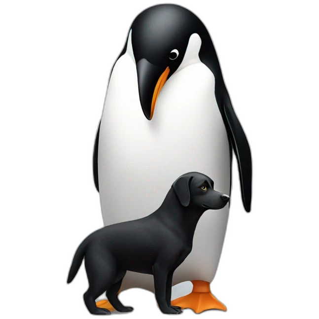 Penguin playing with black dog emoji