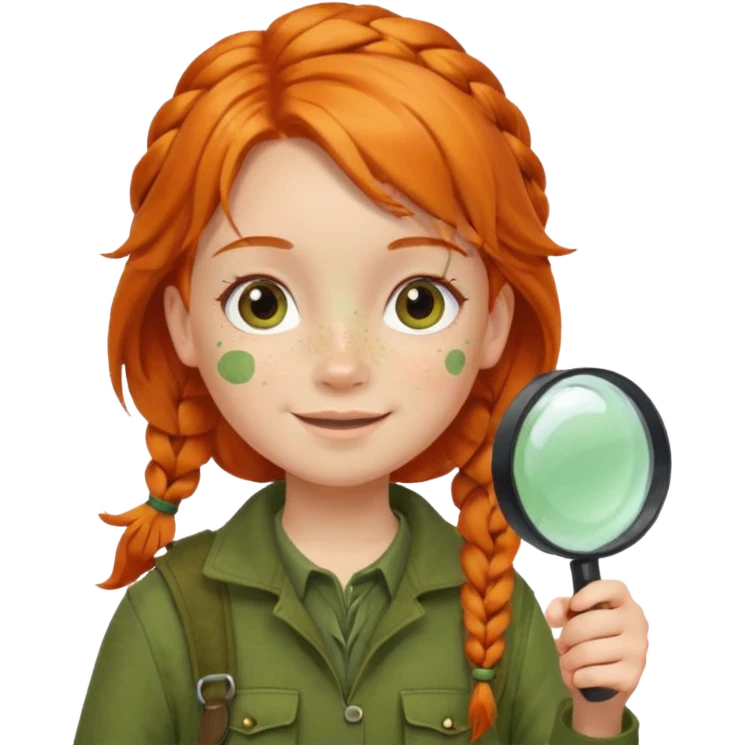 braid orange haired girl kid in moss green explorer outfit, holding magnifying glass, smile emoji