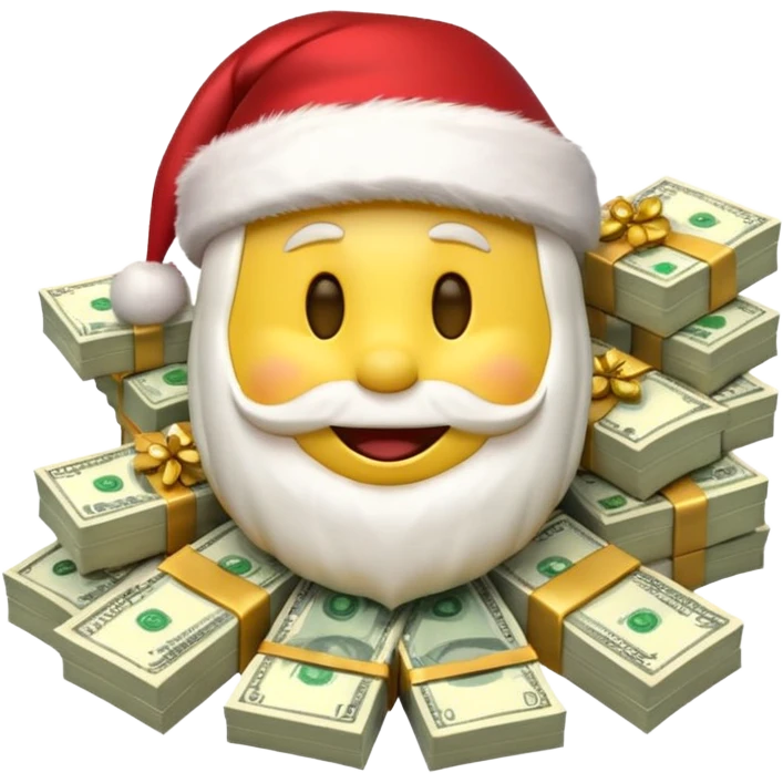 A festive 3D emoji style yellow smiley face wearing a Santa hat, surrounded by stacks of cash and dollar bills, joyful expression, Christmas and New Year theme, high quality, clean design, studio lighting, no text, no background, isolated object, transparent background, emojis.com style emoji