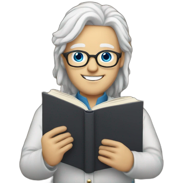 librarian with blue eyes and long white hair holding a book male emoji