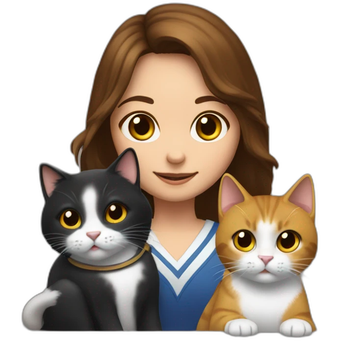 a young girl with brown hair grabbing a Gavel like a judge, and with two cats behind her, one cat black and the other cat snowshoe emoji