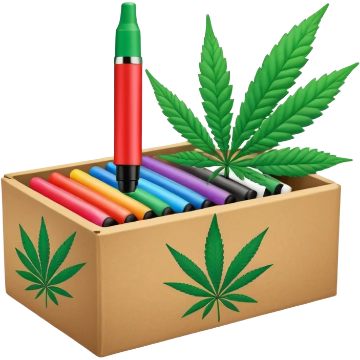 a box of colorful permanent markers with cannabis leaf emoji