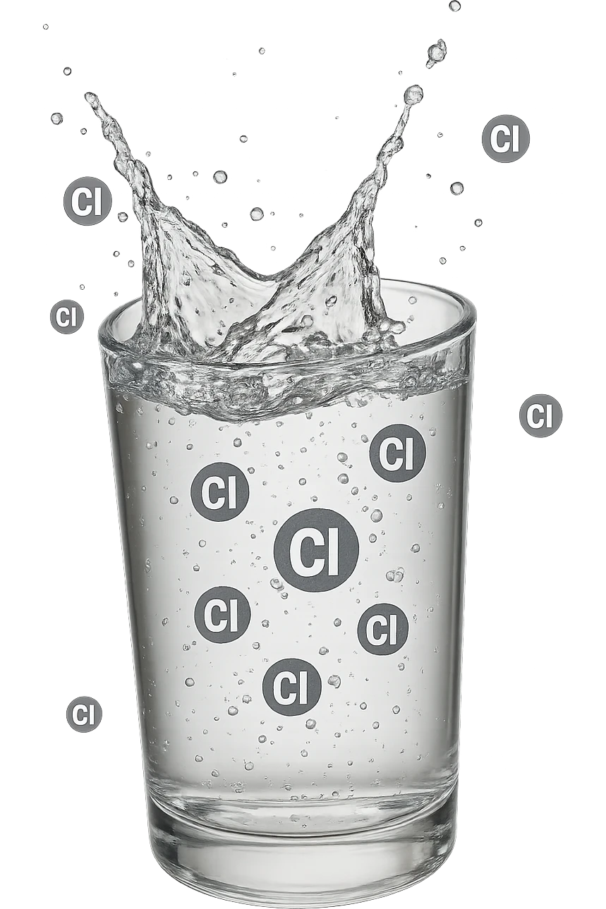 un bicchiere di acqua cade verticalmente dall'alto realistico e dettagliato, dentro l'acqua del bicchiere ci sono particelle di cloro ben visibili con la scritta "Cl" sopra, ci sono particelle anche che escono dal bicchiere e fluttuano in aria verticalmente, mentre alcune sono all'interno dell'acqua nel bicchiere, iperrealistico 4k emoji