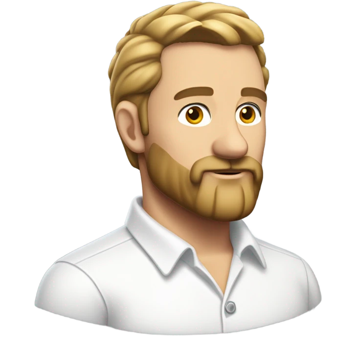 middle aged english man, short slicked back hair dark blonde, dark blonde medium length size full beard, wearing only a plain white smart shirt unbuttoned. emoji