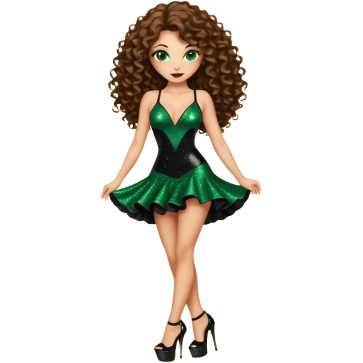 green eyes brown long curly hair woman, cartel boss with 7 inch platform stripper high heels black glitter dress, Los Angeles Spanish style black outfit emoji