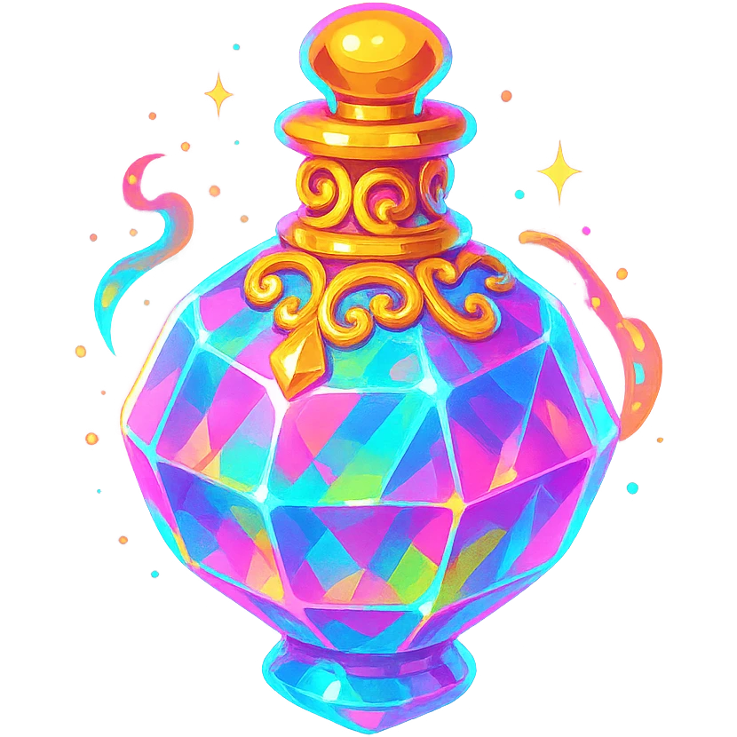 crystal luxurious elixir bottle in colorful chewing gum style, bright colors, lots of glow, edges, ornaments, golden details, magical effects, very small golden neck, transparent background, beautiful seamless bottom, bottle clearly floating in air, no base or shadow, very luxurious, playful, matching a collection emoji