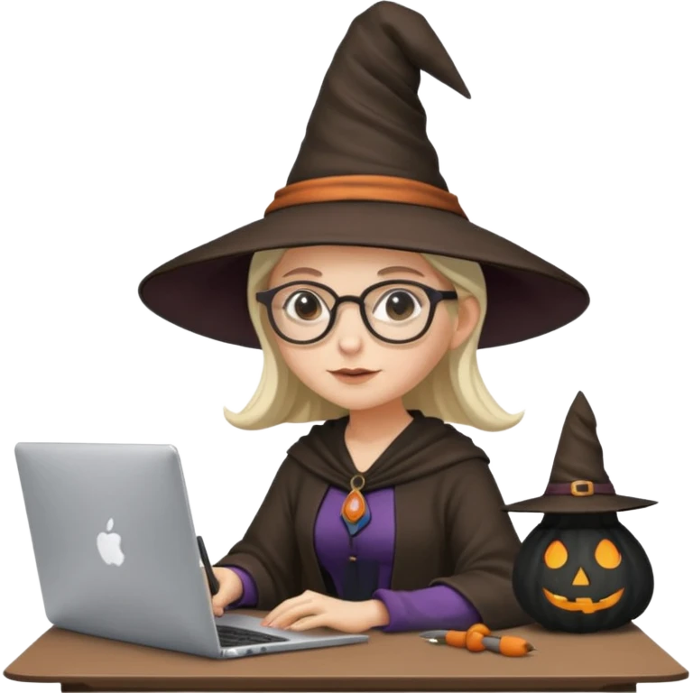 A female video editor wearing glasses, dressed like a witch with a pointed hat, sitting at a laptop editing a video, cinematic lighting, cozy creative studio, professional look, high quality, realistic emoji
