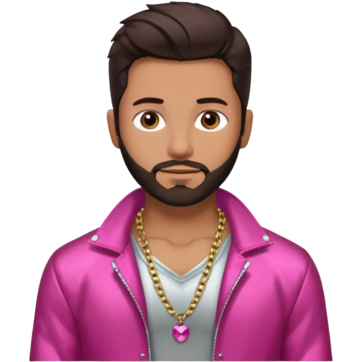 Frankie Zulferino with dark brown hair and short beard shirtless with necklace, dark pink metallic jacket emoji