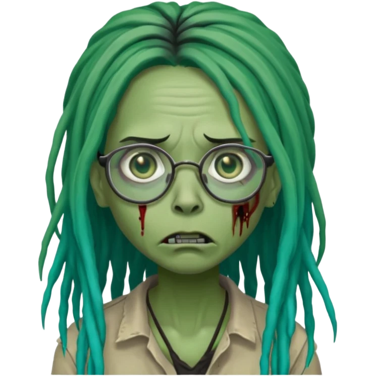 One female green-skinned, zombie with glasses, with ombre black & teal long dreadlocks and a worried expression with a small wound near its mouth. emoji