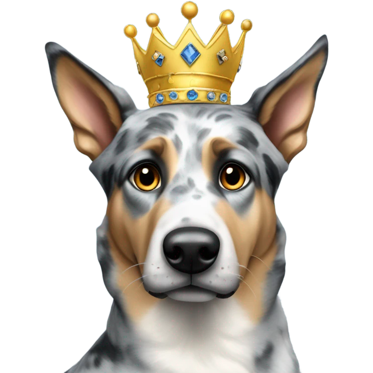 A malinois blue merle color with a crown on his head emoji