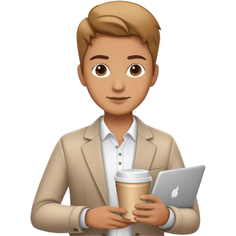 business owner confidently, holding a closed laptop in one hand and a takeaway coffee cup in the other. The character wears casual-smart clothes. emoji