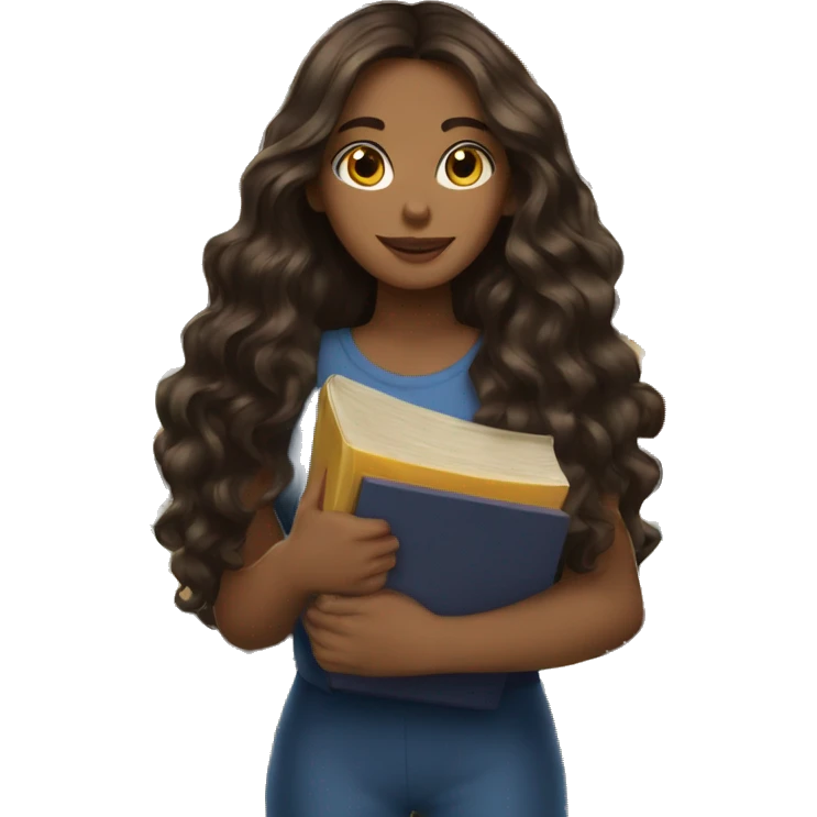 dark brown long wavy hair holding books woman emoji
