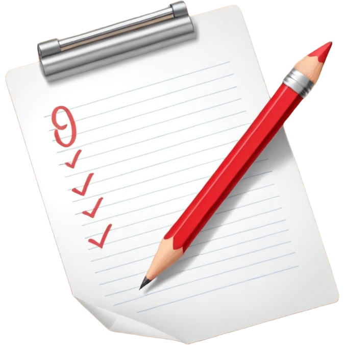 A red pencil in front of a small paper with minimal writing on it emoji