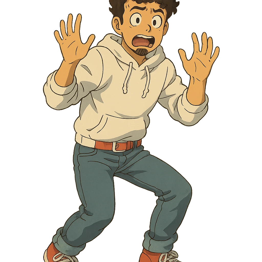 1 male, mid fade haircut dark chestnut brown curly hair, toasted lightskin, white hoodie sleeves up, fashion jeans, red fashion-sneakers shoes, red belt, short trimmed beard and goatee,  style of deku from "my hero academia", doing a "oh no / scared" pose emoji