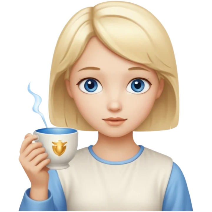 angelic blonde girl with short hair and blue eyes holds a cup emoji