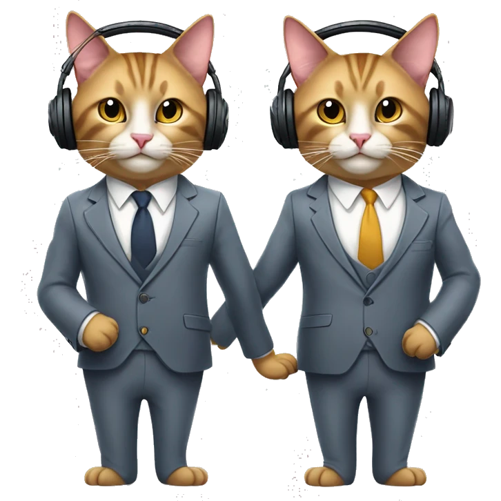 Two well-dressed cats in suits human bodies with cat faces and hands. Wearing headphones for a podcast. Happy faces. 
 emoji