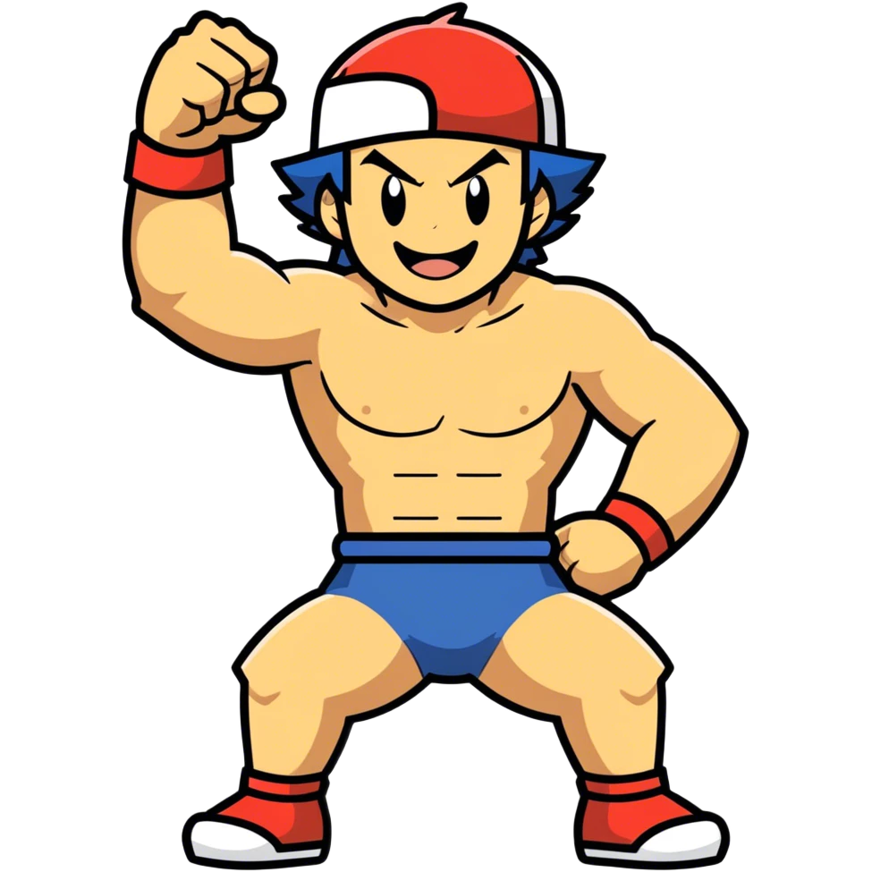 Hot handsomeb muscular 6ft 5inch tall smiling happy fun shirtless Ash Ketchum one fist raised in celebration the other hand on his thigh emoji