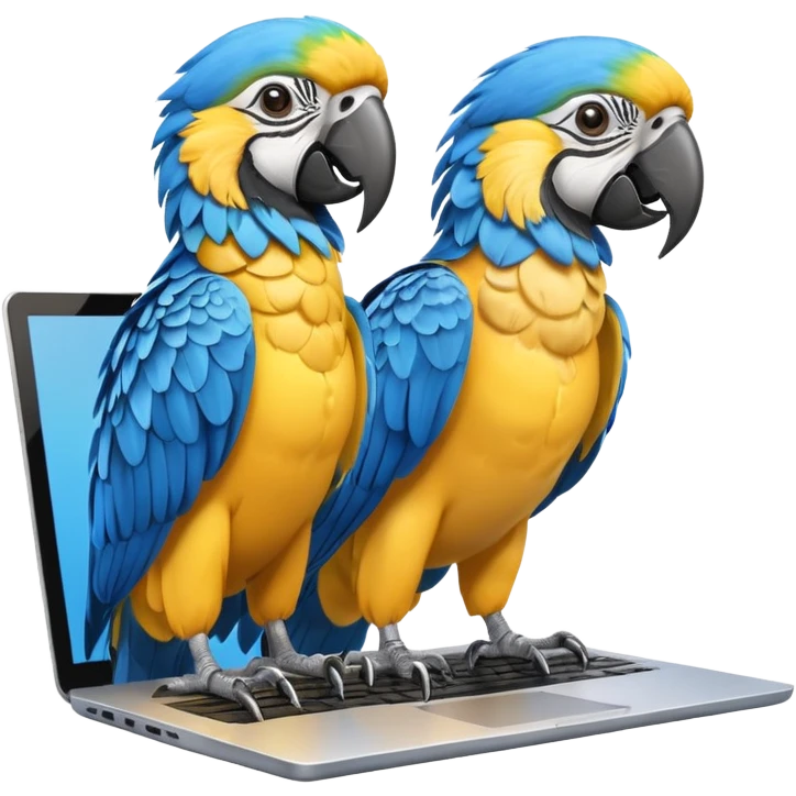 Two yellow and blue macaws using a laptop emoji