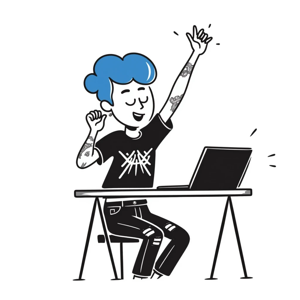 Rock musician girl with half-shaved head and blue hair, arm tattoos, multiple ear piercings, wearing ripped jeans and metal band shirt, sitting at desk with laptop and raising hand enthusiastically emoji