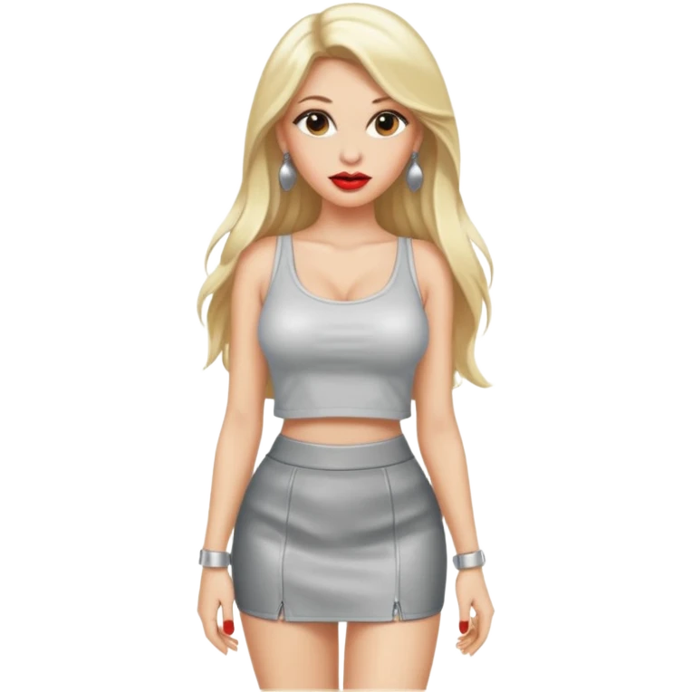 Blond female.long hair. Big tits. Red lips. Low top. Silver earrings. Mini skirt. High heels  emoji