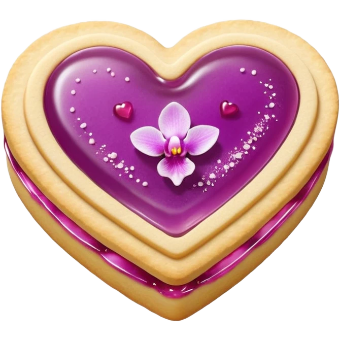 Realistic shortbread cookie in the shape of a heart with orchid color jelly middle filling and sprinkled powder sugar on top. emoji
