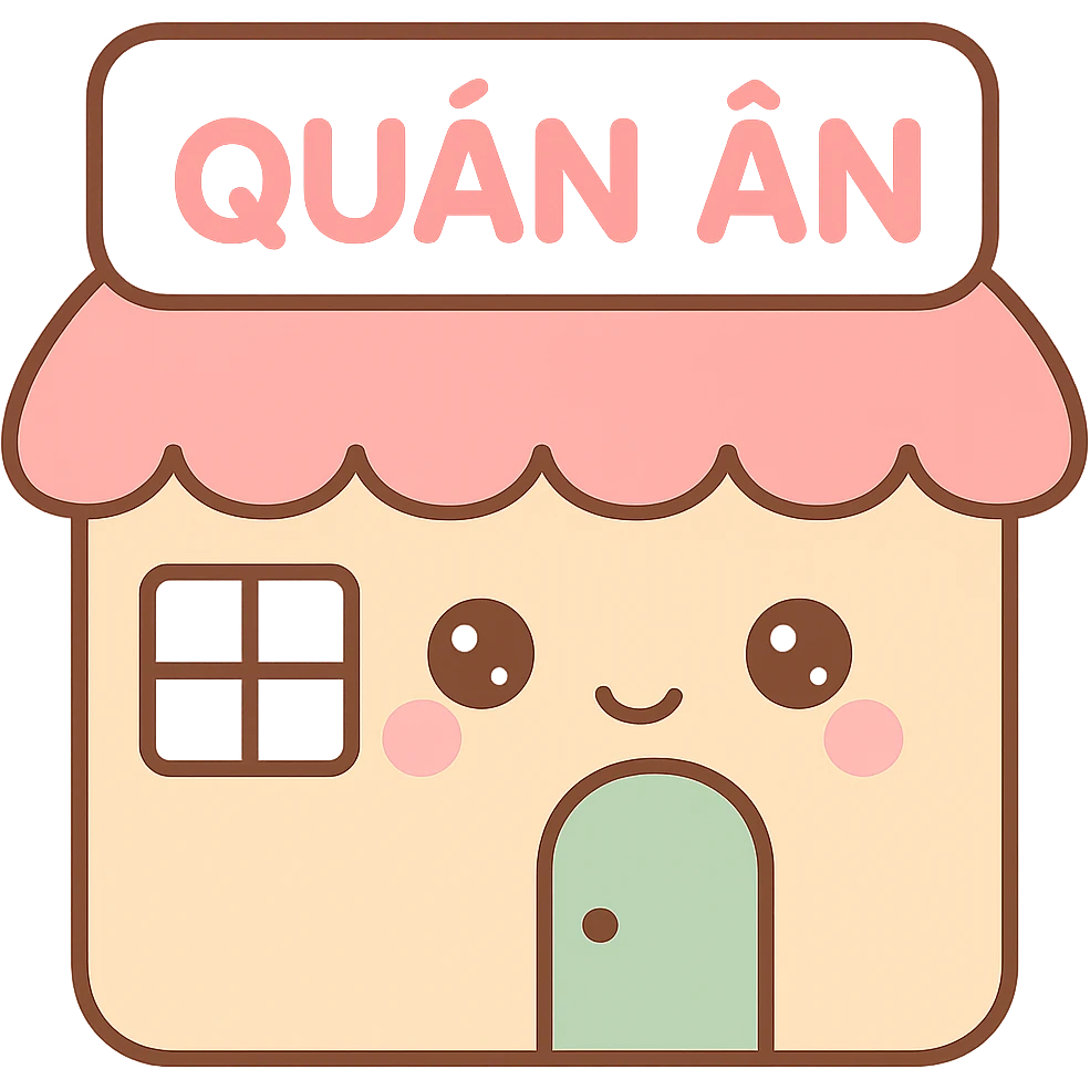 Edit the image to change the sign text from 'NHÀ HÀNG' to 'QUÁN ĂN' while keeping the same kawaii chibi anime style with flat pastel colors, thick outlines, simple cute features, and a transparent background. emoji
