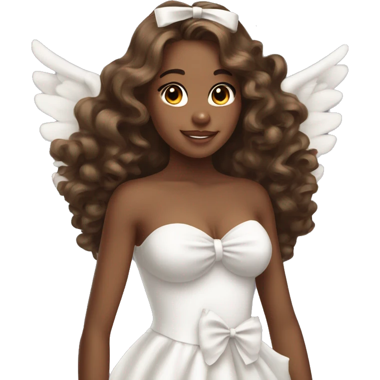 Pretty brown girl with long curly hair with big angels wings and a white bow in a strapless dress emoji
