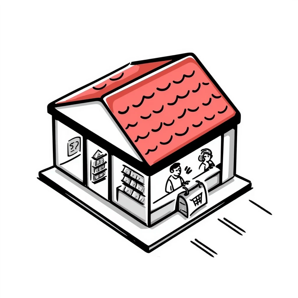 isometric view of a supermarket with a distinctive red tiled roof, glass entrance, and small parking lot emoji