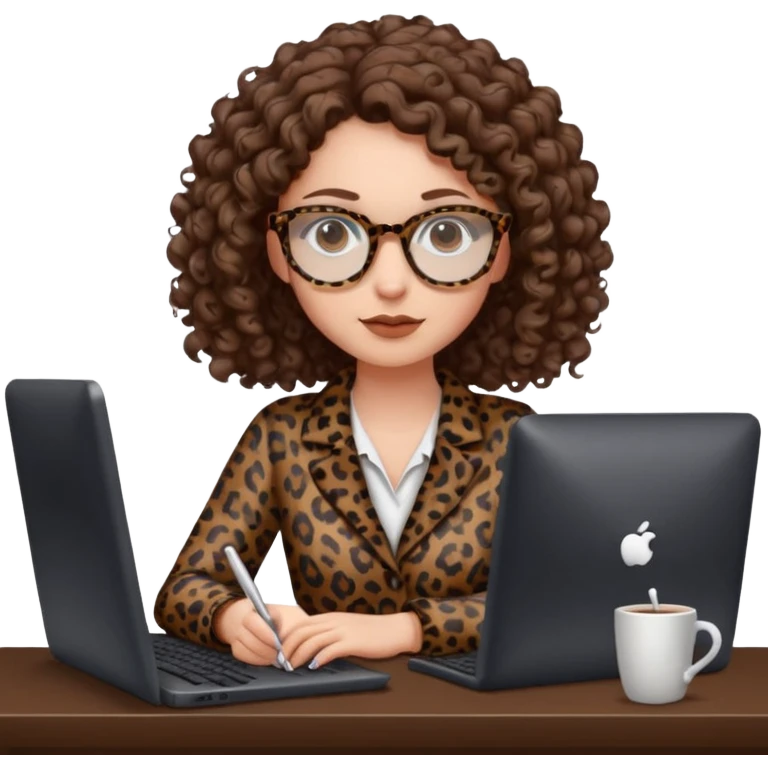 a white young woman with curly brown hair typing in a computer, she's using dark brown leopard glasses and clearly writing something emoji