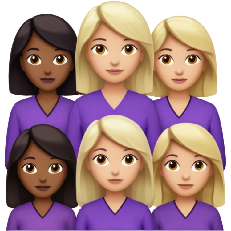 Group of reproductive age women 25-50 of all races with light, medium, dark and very dark skin tones. Blond, brown, black hair color with various purple blouses and shirtys. 10 per image emoji