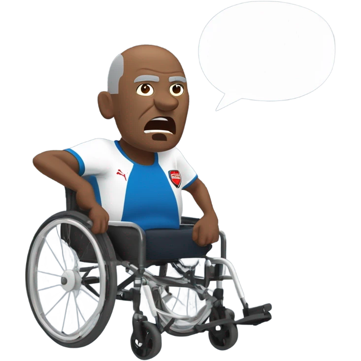 old black bald man with a round belly in wheelchair. angry face. grey stubble. he is pointing finger in front. wearing Arsenal soccer shirt. a speech bubble with the word: "Mojdeh!" emoji