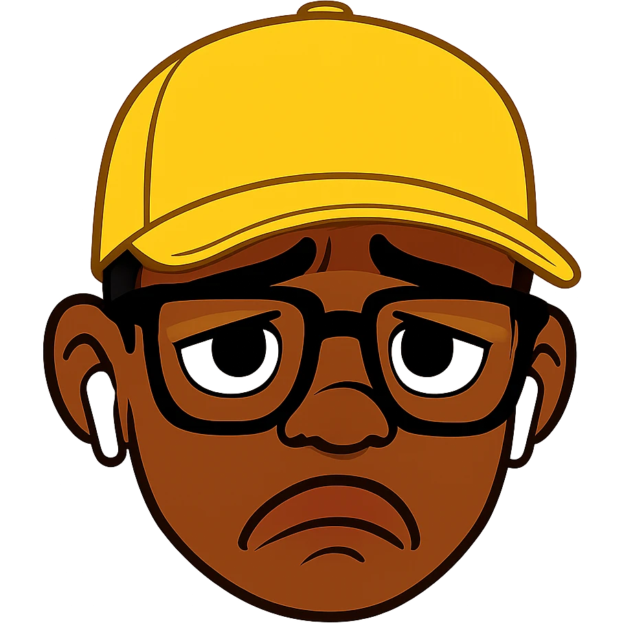 Redraw the character in a 3D Disney style with a sad expression, wearing a yellow cap, glasses, and earbuds. Keep the same details and expression. Use a transparent background. emoji