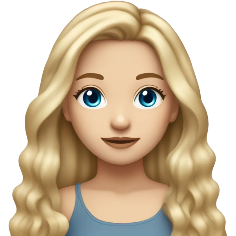 My friend Monica who is a girl , she has natural dirty blond hair with a blonde balayage type hair color, with piercing blue  eyes her hair is parted in the middle with color bone length hair ,  emoji