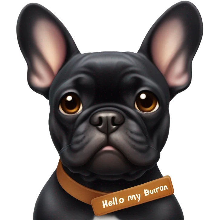 Mainly Black and a little Carmel colored french bulldog with a work name tag that says hello my name is bourbon  emoji