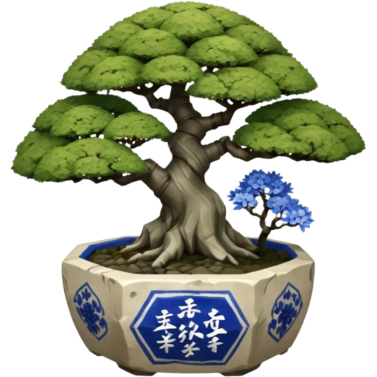 Japanese very old broken intricate Stone Age rocky-crusted dodecahedron-shaped shallow dark moss rough bark blue willow flower maple tree bonsai pot emoji