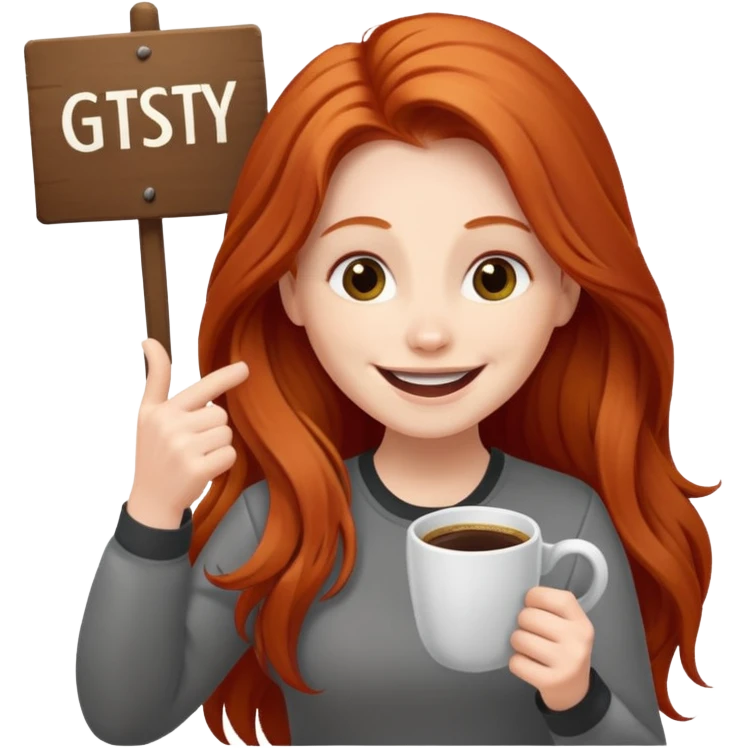 Excited long haired redhead drinking coffee holding sign in front saying GTSY emoji
