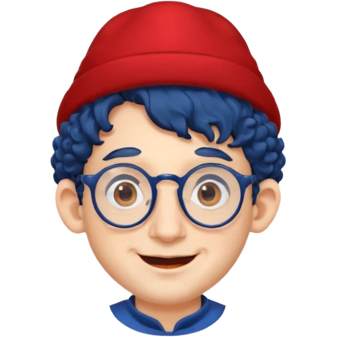 dark blue haired man curly hair with big ears and red earrings and spectacles happy and hat wearing emoji