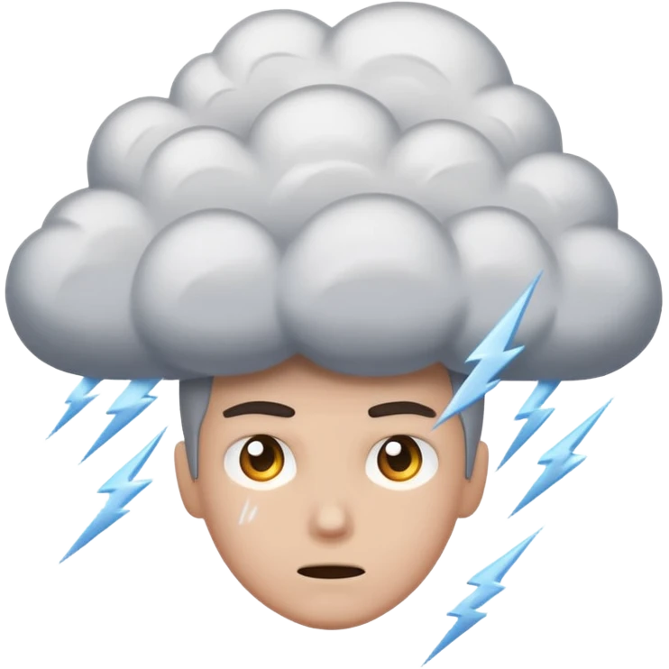 Tiny storm cloud exploding above a head, lightning frozen mid-strike emoji