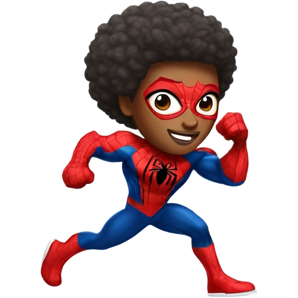 Muscular light light-skinned afro teen as Spiderman superhero running. emoji