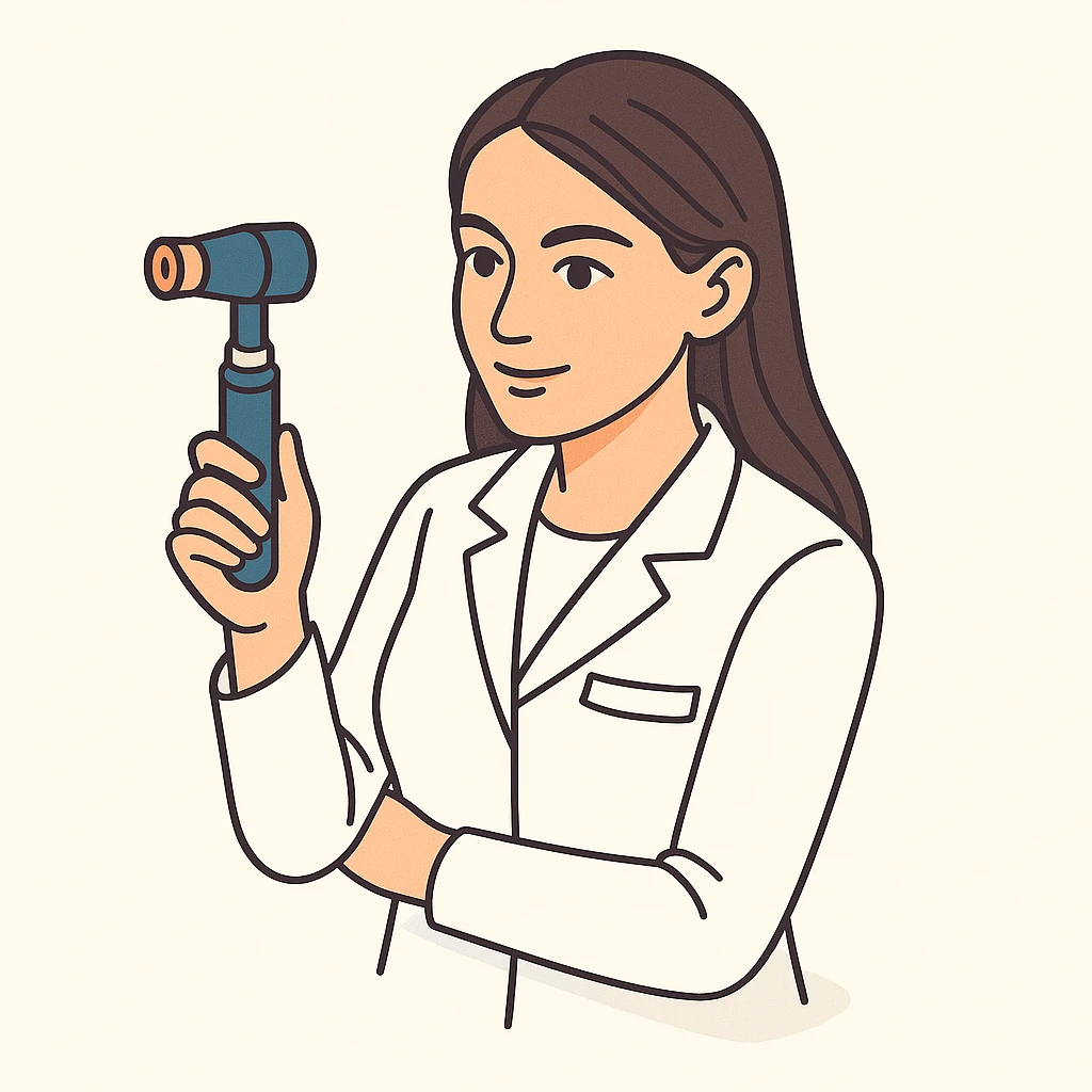 A female doctor with dark long straight hair and detailed brown eyes (not just dots), wearing a white medical coat, holding a medical instrument, in 2D isometric style with a minimalist background, with a slight half-smile expression. emoji