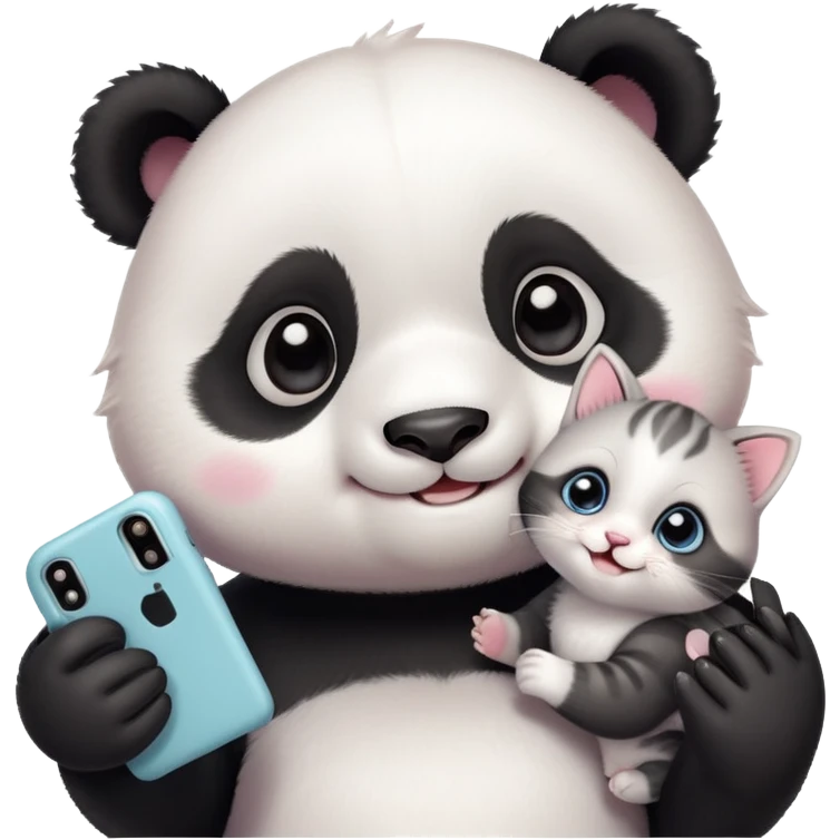 A cute baby panda taking a selfie with a small kitten, both smiling and looking at the camera, cartoon style, pastel colors, soft background, ultra cute, kawaii style, detailed, high resolution
 emoji