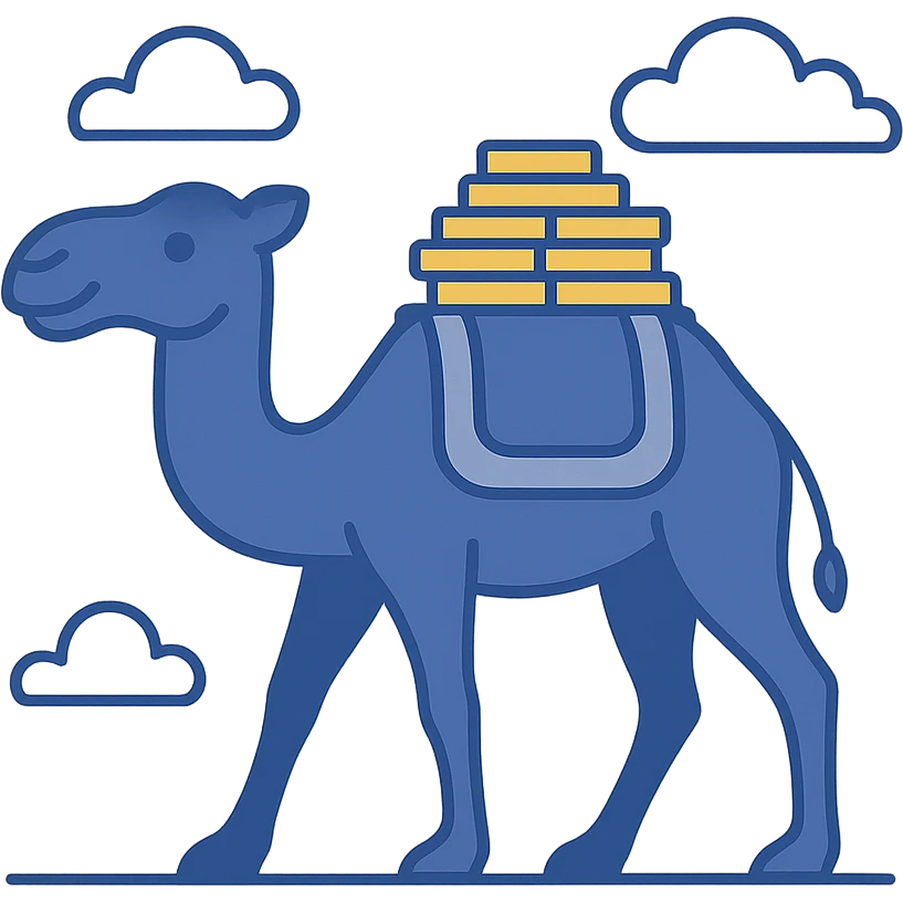 camel carrying gold coins, flat modern style, Middle Eastern wealth theme emoji
