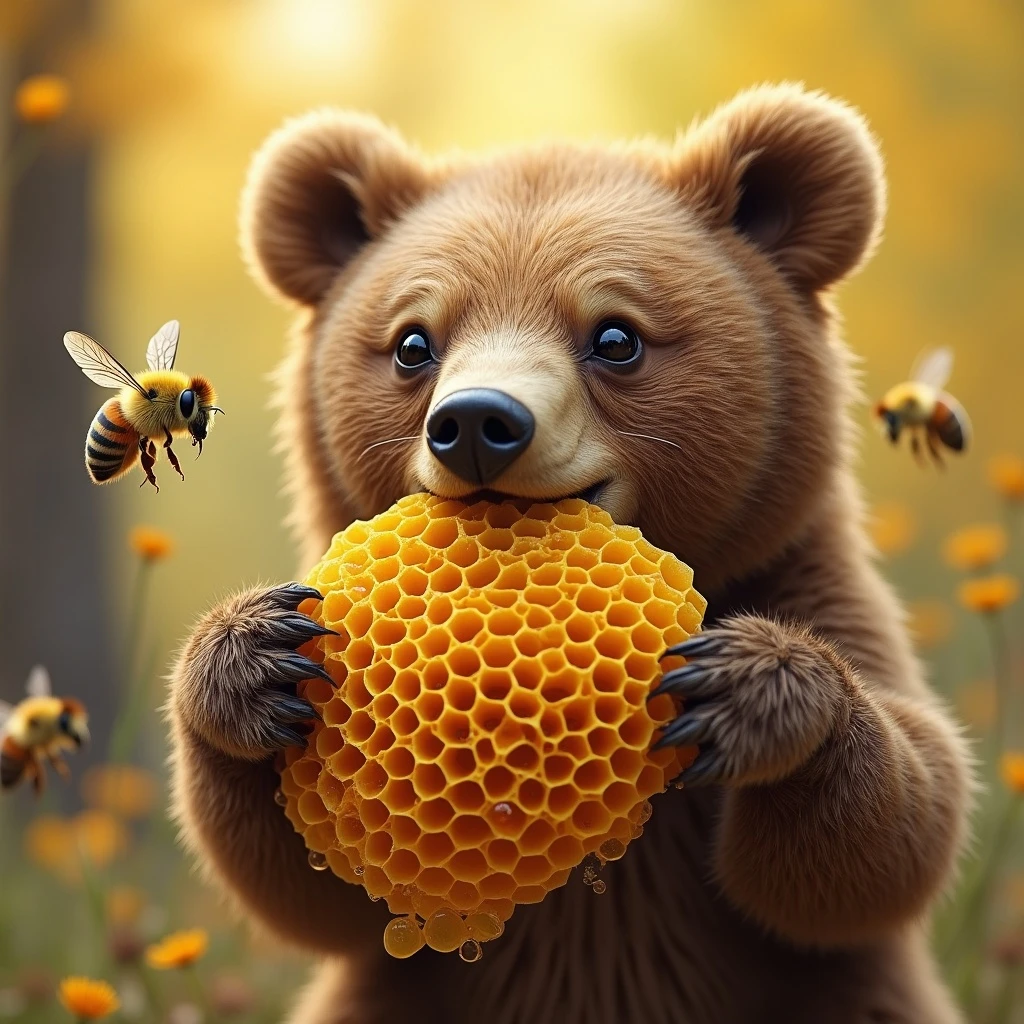 bear eating honeycomb with bees flying around emoji