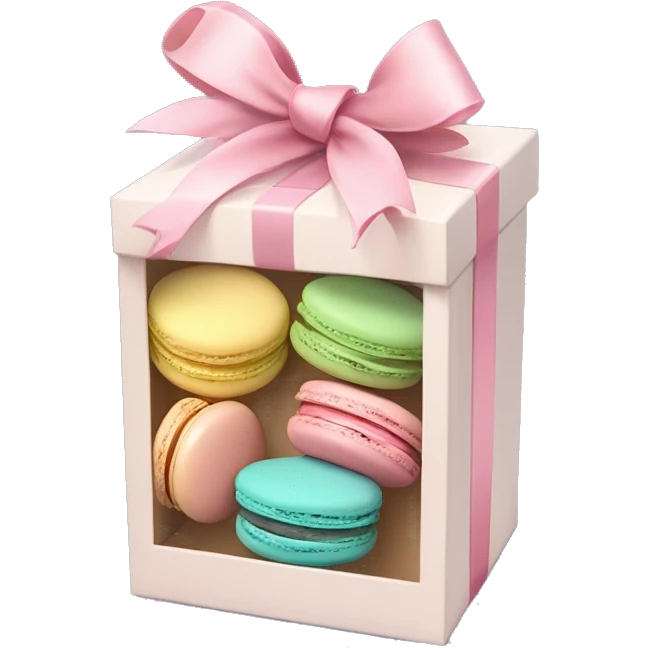 Realistic flat clear box of pastel macaron cookies with ribbon bow tied around the box. emoji