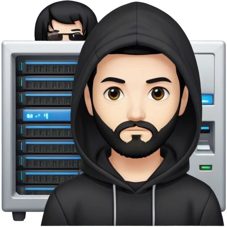 hackeur blanc cheveux noir barbe et capuche noir à côté d'un server ia emoji