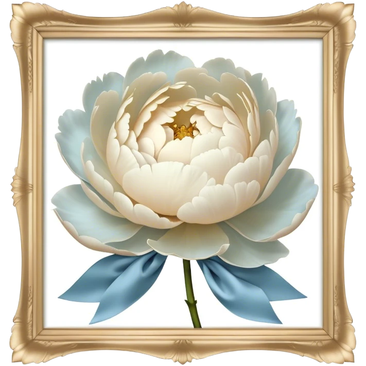 A single oversized peony in the softest shade of ivory sits in the center of a pearl-white canvas, its velvety petals unfolding like a quiet whisper. Wrapped around its stem is a wide, silk bow in a misty blue hue, its fabric pooling slightly onto the surface. The background’s subtle texture reflects light in a way that enhances the depth of the petals, creating an ethereal, almost weightless atmosphere. emoji