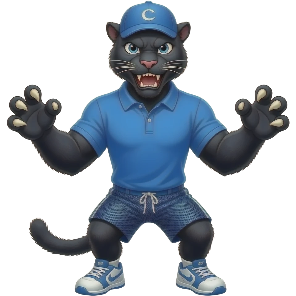 hazme una pantera imponente fuerte y poderosamostrando garras y comlillos con polo azul y gorra deportiva y pntalones de mesquilla emoji
